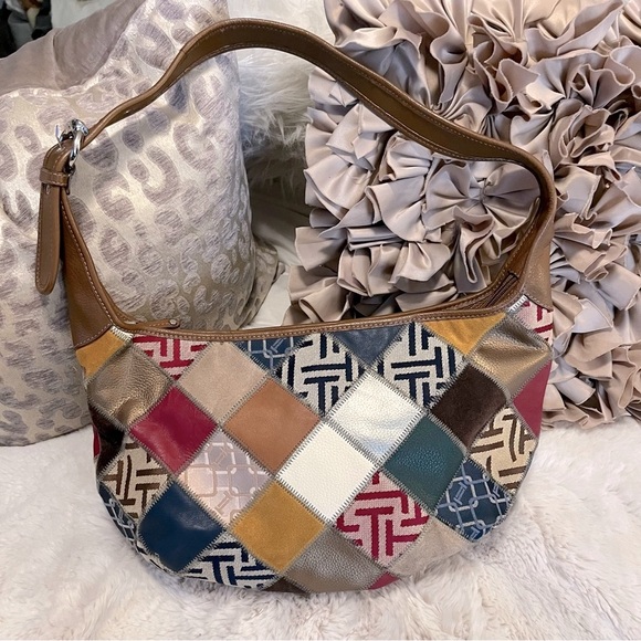 Tignanello Leather Signature Fabric Multi Color Patchwork Boho Shoulder Hobo Bag - Picture 1 of 8